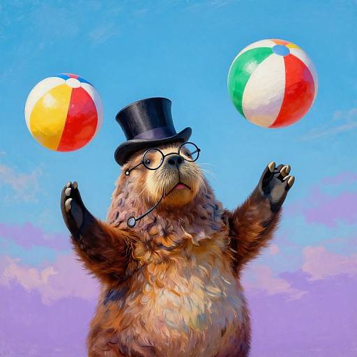 Digital illustration of a bear wearing a top hat and glasses, juggling two colorful beach balls against a bright blue sky.