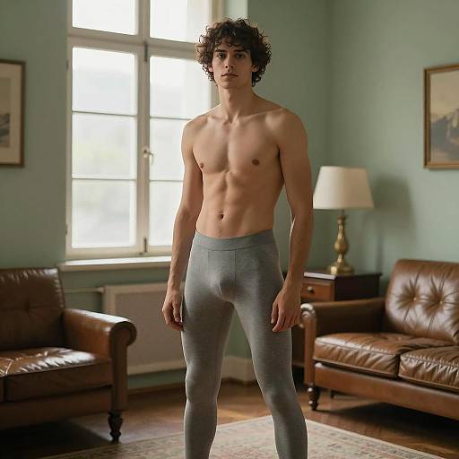 Shirtless Man in Grey Leggings in Vintage Room