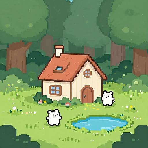 Pixel art of a small, cream-colored cottage with a red roof, surrounded by a green forest, a blue pond, and three white, pixelated