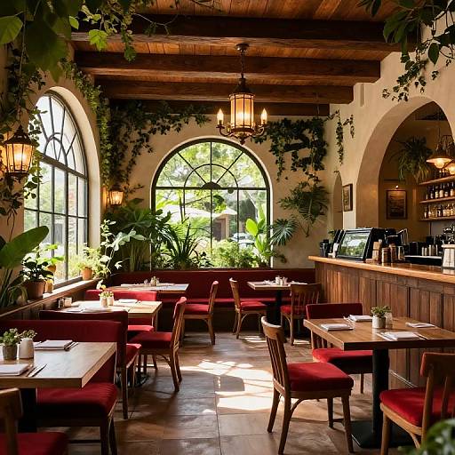 Charming, sunlit café with wooden beams, arched windows, lush green plants, red-cushioned wooden chairs, and vintage lanterns,