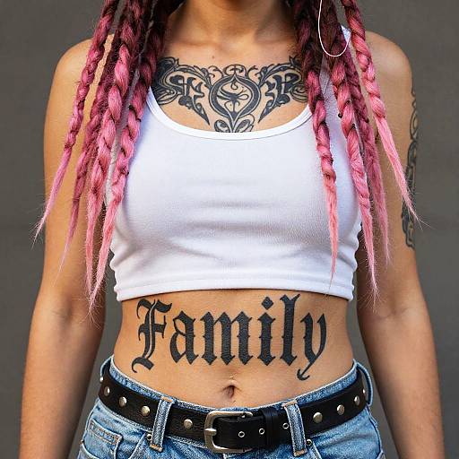 Photograph of a woman with pink and black braided hair, white crop top, 