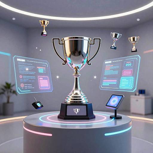Digital CGI image of a futuristic trophy room with glowing neon lights, floating trophies, and holographic display screens on a circular pedestal.