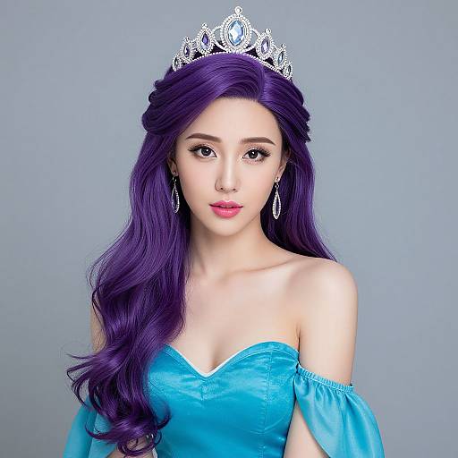 Photograph of an East Asian woman with long purple hair, wearing a silver tiara, turquoise off-shoulder dress, and dangling earrings, against