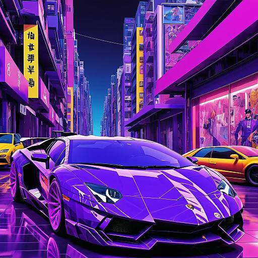 Bold Purple Lamborghini Aventador in Neon City