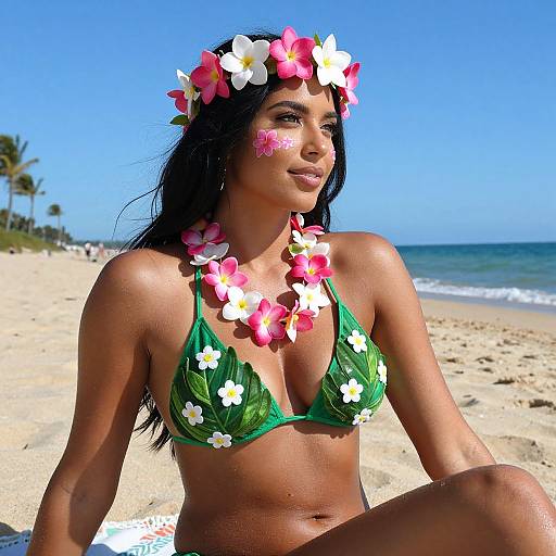 Photograph of a tan-skinned woman with long black hair, wearing a green bikini adorned with white flowers, a flower crown, and face paint,