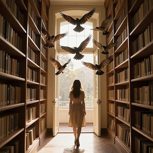 Sunlit Library with Majestic Birds