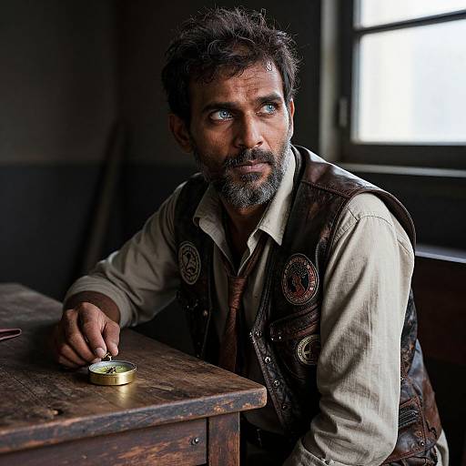 Photograph of a rugged, bearded man with intense blue eyes, wearing a brown vest over a white shirt, sitting at a wooden table with a