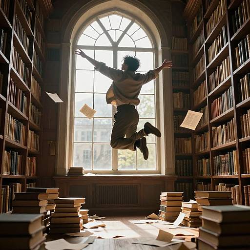 Scholar Leaping in Sunlit Library