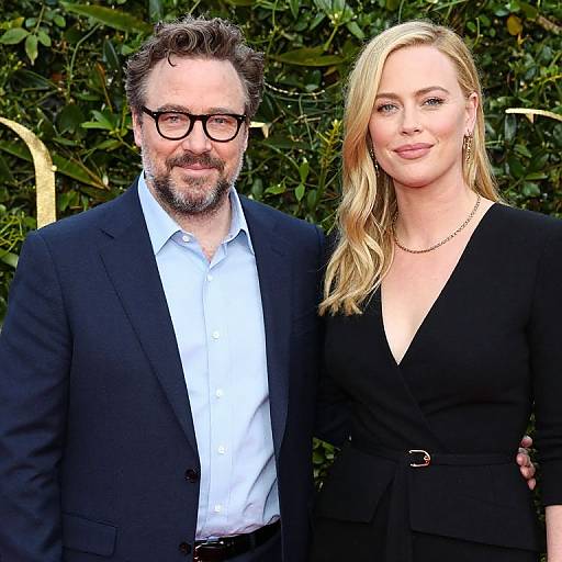 Photograph of a bearded man with glasses in a black suit and light blue shirt, standing beside a blonde woman in a black dress with a gold