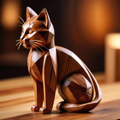 Geometric Wooden Cat Sculpture in Warm Tones