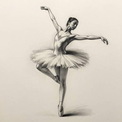 Black and white pencil drawing of a ballerina in a tutu, gracefully balancing on one leg with arms extended.