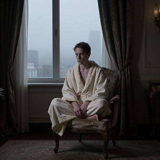 Photograph of a serious man in a white, textured bathrobe, sitting on an ornate chair by a foggy window. Dark, elegant room