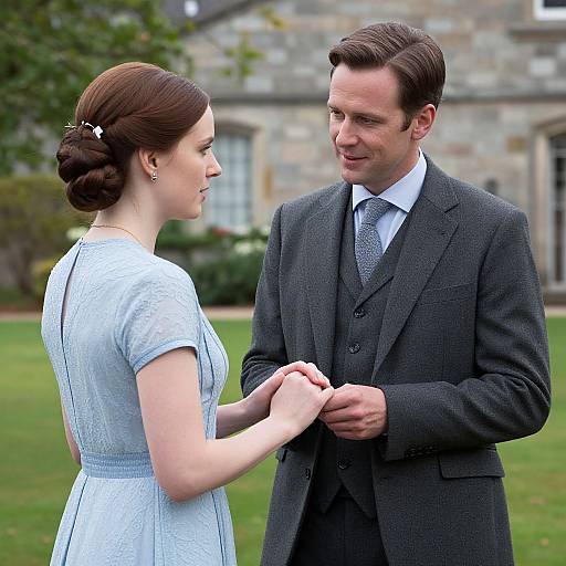 Photograph of a smiling, brown-haired woman in a light blue dress holding hands with a dark-haired man in a gray suit, standing outdoors in front
