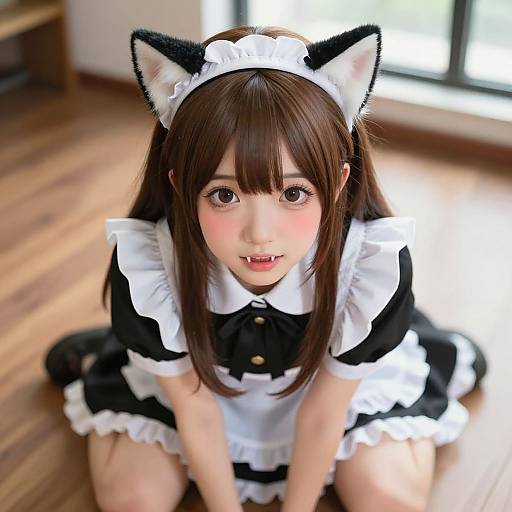 Photograph of an Asian girl with long brown hair, cat ears, and a black-and-white maid outfit, kneeling on a wooden floor, looking up