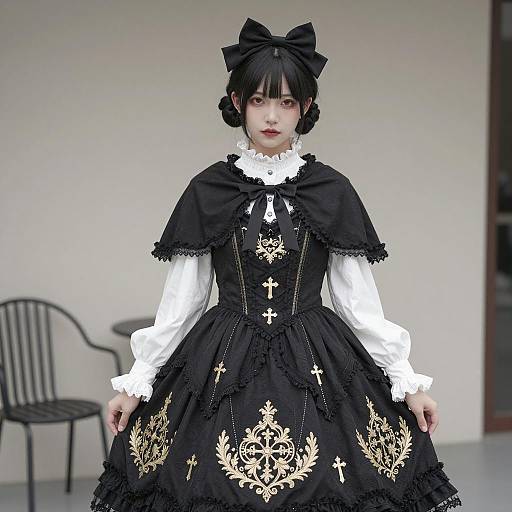 Asian Woman in Black Gothic Lolita Dress