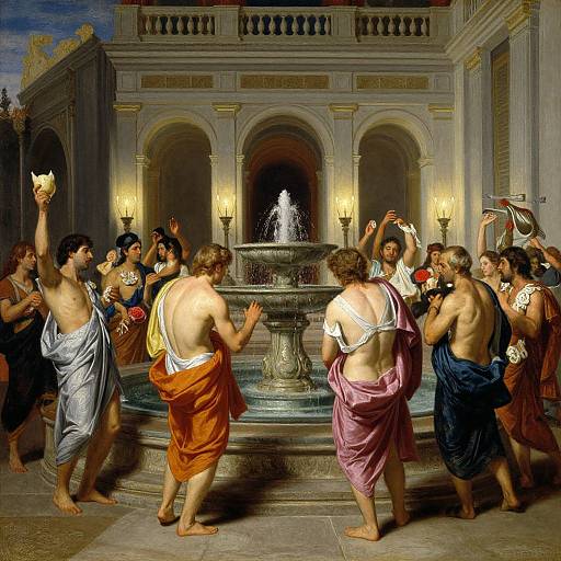 Classical oil painting of ancient Romans dancing around a fountain in a grand, ornate building with lit torches and statues.