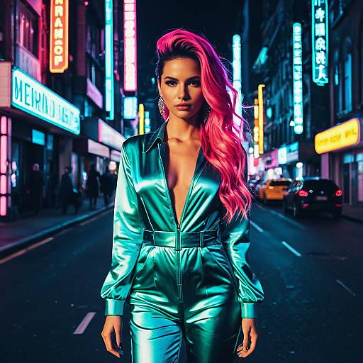 Woman with Neon Pink Mermaid Hair in Futuristic Jumpsuit