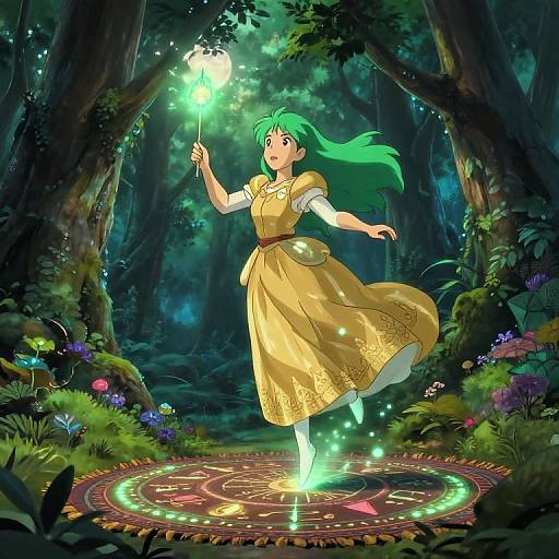 Digital anime-style artwork of a green-haired girl in a yellow dress, holding a glowing wand, standing on a magical forest circle.