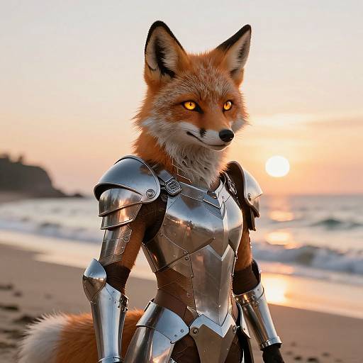 CGI image of a fox with glowing orange eyes, wearing shiny silver armor, standing on a beach at sunset.