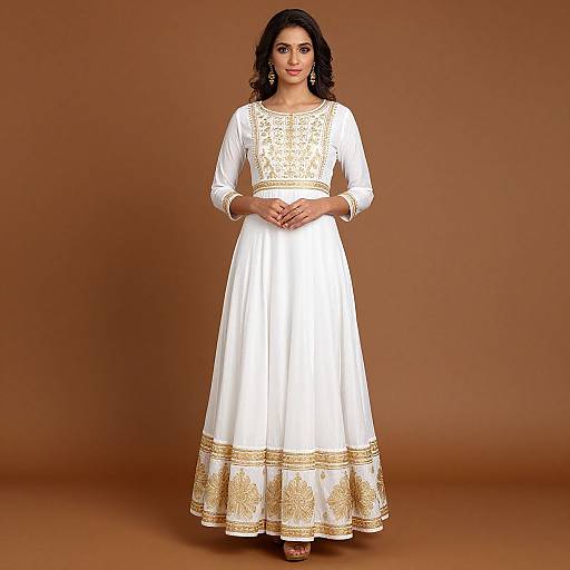 Photograph of a South Asian woman with dark hair, wearing a white long-sleeve kurta with gold embroidery, and a matching white ankle-length