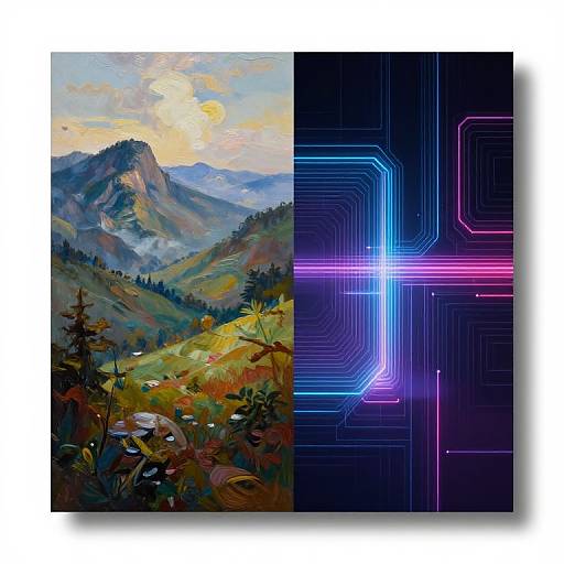 Digital split-image: left, colorful mountain landscape with sunset; right, neon blue and pink cross on dark, circuit-like background.