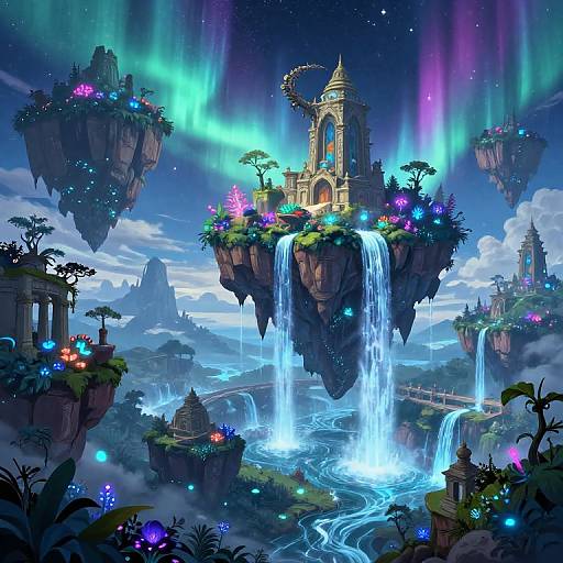 Fantastical digital artwork of floating islands with glowing plants, illuminated waterfalls, colorful auroras, and ornate towers in a magical night sky.