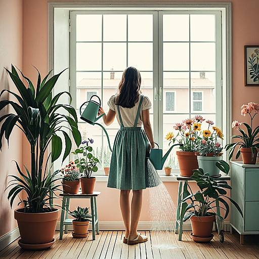 Retro Storybook Back-View Woman Watering Plants