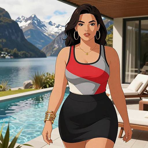 Digital illustration of a curvy woman with dark hair, wearing a red and gray tank top and black skirt, standing by a mountain lake poolside.