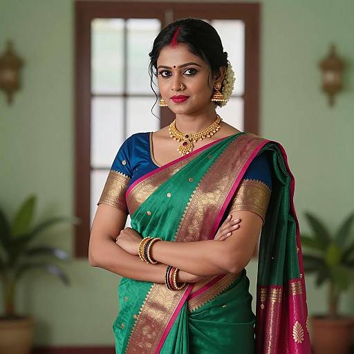 Indian Woman in Traditional Saree with Gold Jewelry