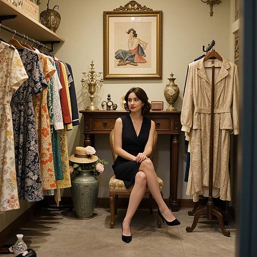 Elegant Woman Amid Vintage Boutique