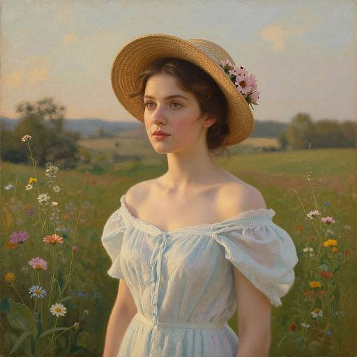Photorealistic painting of a young woman with fair skin, brown wavy hair, wearing a white off-shoulder dress and straw hat adorned with
