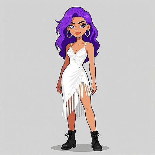 Digital drawing of a confident woman with long purple hair, wearing a white fringe dress, black boots, and large hoop earrings.