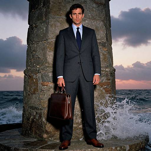 Photograph of a serious, dark-haired man in a pinstripe suit, white shirt, and blue tie, holding a brown leather briefcase,