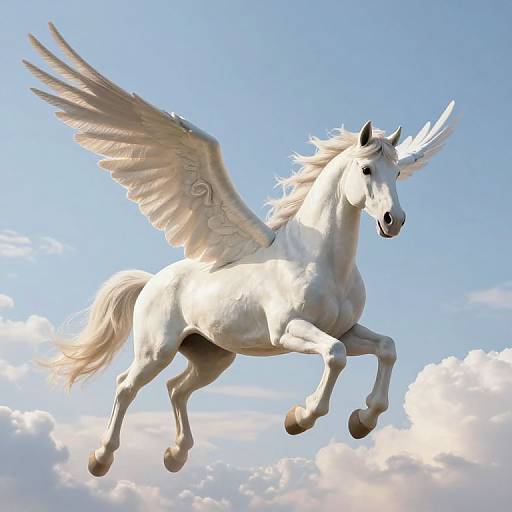 Photograph of a majestic, white, winged unicorn with flowing mane and tail, mid-leap against a bright blue sky with fluffy clouds.