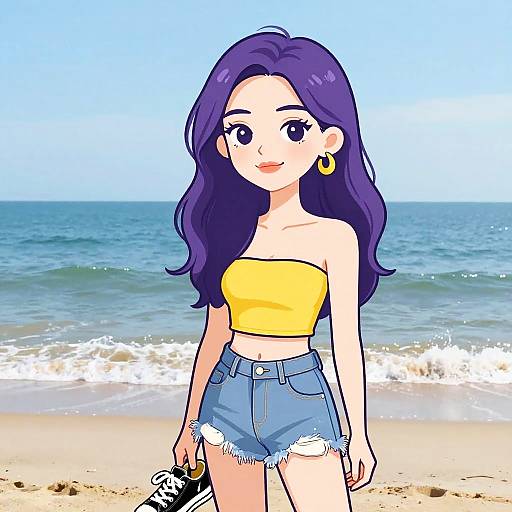 Digital anime-style drawing of a purple-haired woman in a yellow tube top and frayed denim shorts, standing on a beach with waves and blue sky in