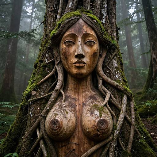 Photograph of a wooden, face-carved statue with exposed breasts, entwined with tree roots and moss, in a misty forest.
