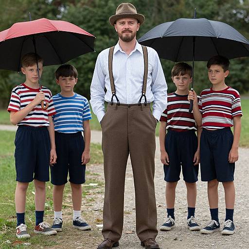Photograph of a bearded man in brown pants and suspenders, surrounded by five boys holding umbrellas, wearing striped shirts and shorts, on a