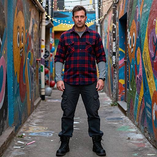 Photograph of a bearded man in a red plaid shirt and black cargo pants, standing in a colorful, graffiti-covered alleyway with string lights