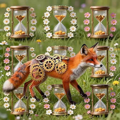 Digital artwork of a fox with gears on its side, walking among hourglasses and daisies in a lush green field.