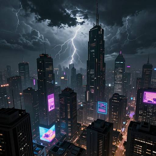 Photograph-style digital artwork of a stormy night cityscape with lightning illuminating skyscrapers, colorful neon signs, and glowing advertisements.