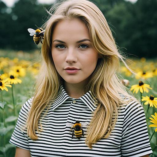 Young Woman with Bee Costume Accessories in Flower Field