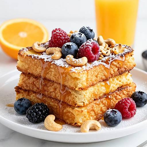 Photograph of stacked golden pancakes topped with blueberries, raspberries, almonds, and powdered sugar, drizzled with syrup, on a white plate