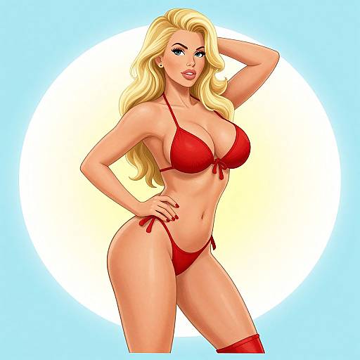 Digital illustration of a blonde woman with large breasts, wearing a red bikini and thigh-high stockings, posing confidently against a blue and white background.