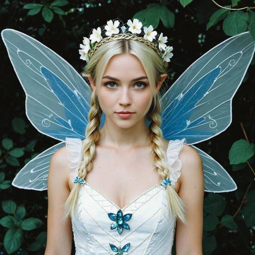 Blonde Fairy in White Dress with Blue Wings