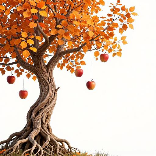 Photograph of a twisted, brown tree with vibrant orange leaves, hanging red apples, and exposed roots against a white background.