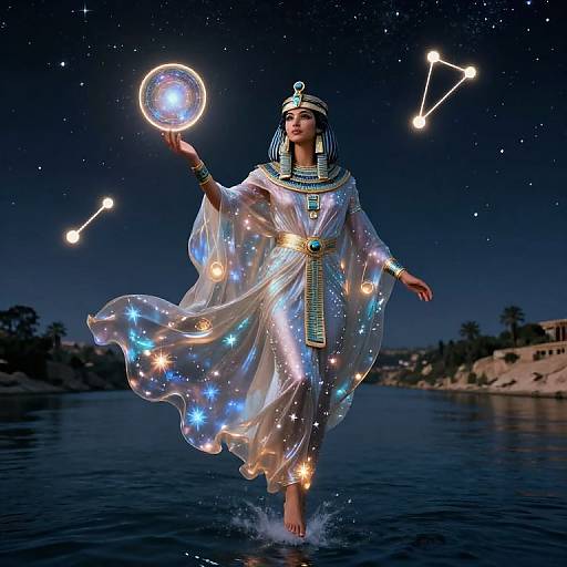 Digital artwork of an Egyptian goddess in a glowing, star-adorned transparent robe, holding a glowing orb, standing on water at night, with const
