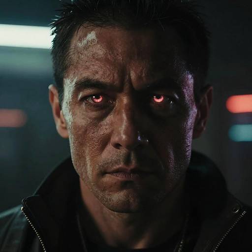 Close-up photograph of a rugged, dark-haired man with intense, glowing red eyes and a grim expression, illuminated against a dark, blurred background with neon