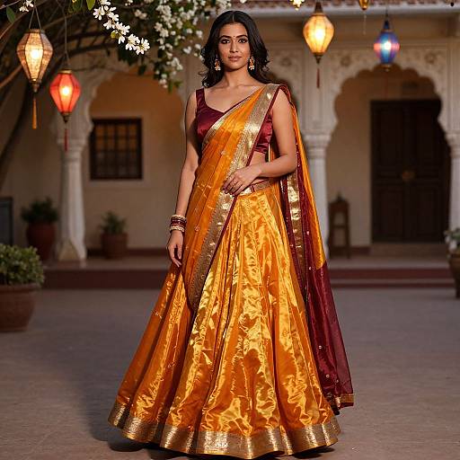 Photograph of a beautiful South Asian woman in an orange and gold traditional saree, with maroon blouse, standing in an ornate courtyard under warm
