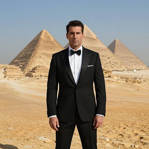 Photograph of a handsome man in a black tuxedo with bow tie, standing in front of three ancient Egyptian pyramids under a clear blue sky