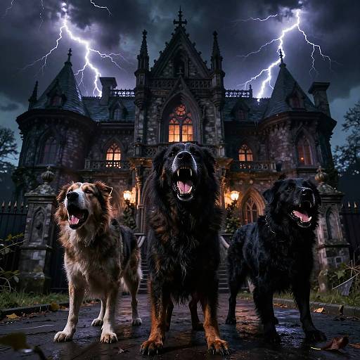Fierce Dogs Guarding Haunted Mansion
